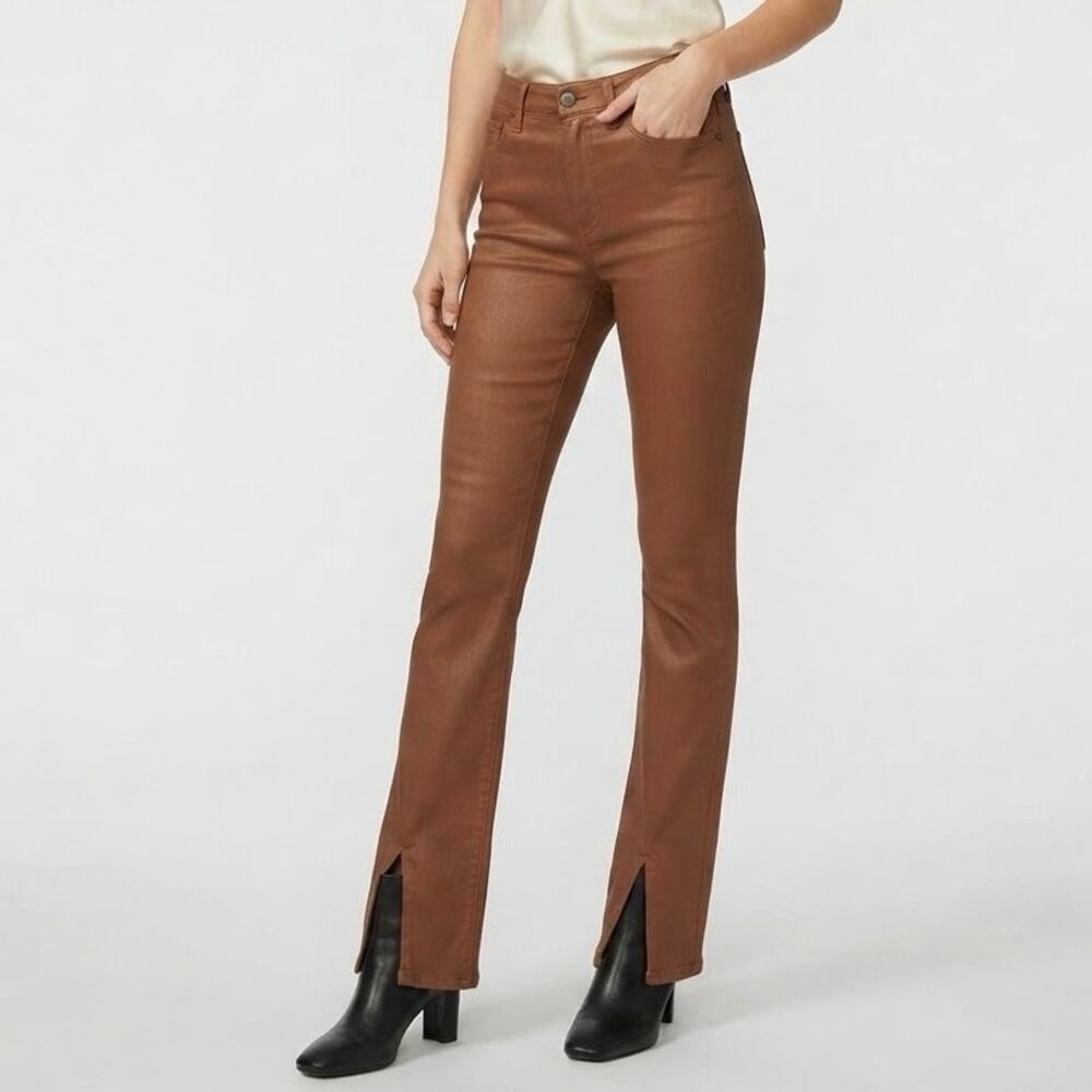 Paige High Rise Manhattan Coated Tobacco Brown Slit Hem Bootcut Jeans Size 25
